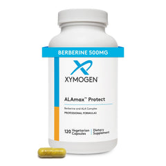 XYMOGEN ALAmax Protect bottle front highlighting berberine and ALA for metabolism support.