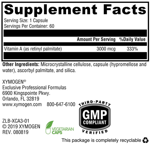 XYMOGEN Xcellent A 3000: etiqueta frontal para recordar dosis y beneficios