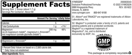 XYMOGEN OptiMag Neuro label close-up highlighting Magtein brain-friendly magnesium.