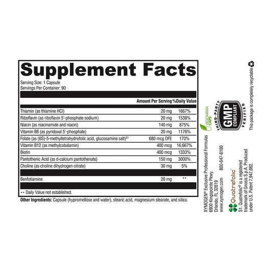 Xymogen B-Activ etiqueta frontal ofrece detalles de uso y beneficios.