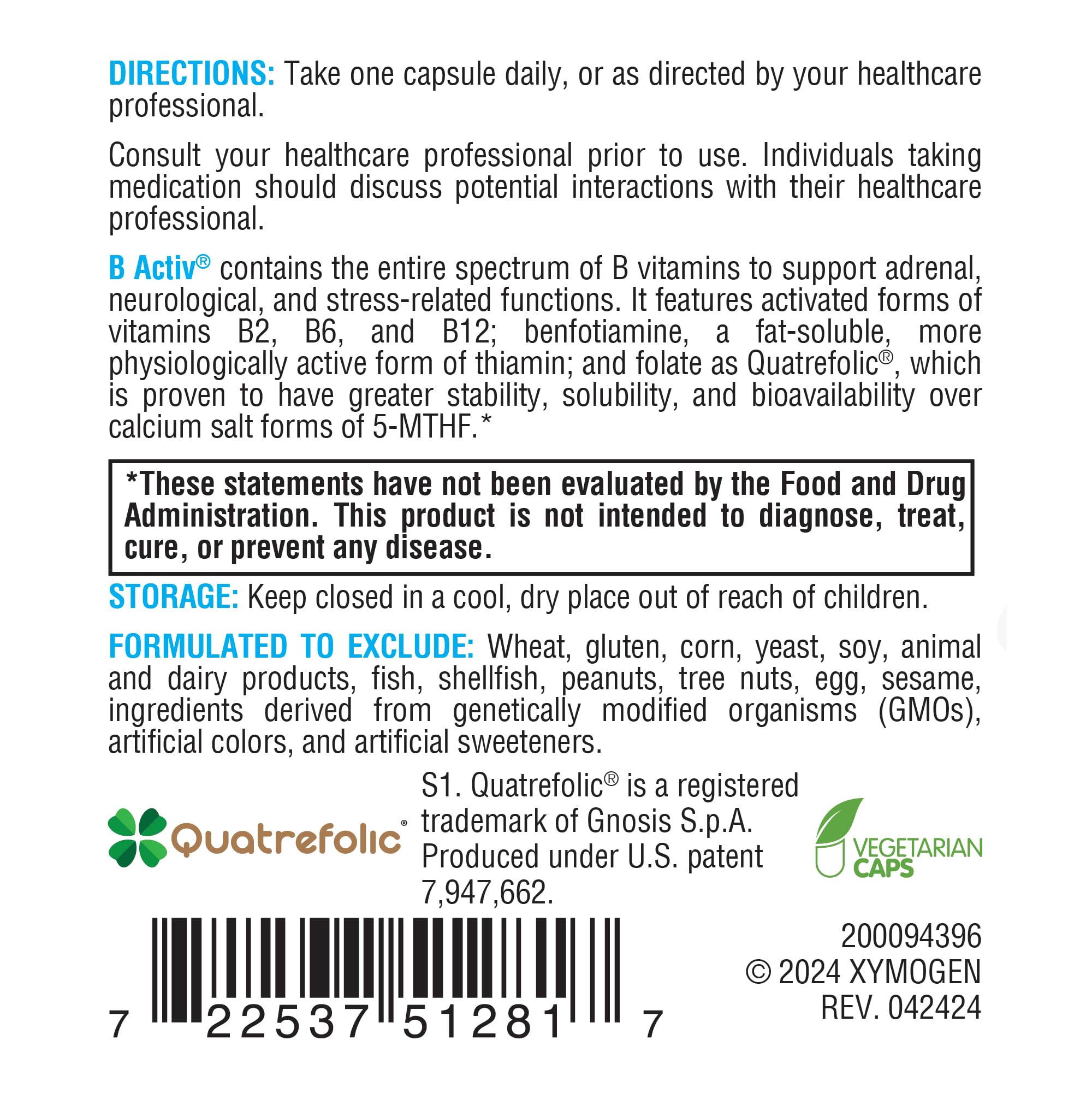 XYMOGEN etiqueta nutricional de B-Activ con información clara de ingredientes