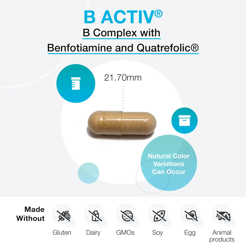 XYMOGEN ingredientes clave de B-Activ con benfotiamina y Quatrefolic para biodisponibilidad