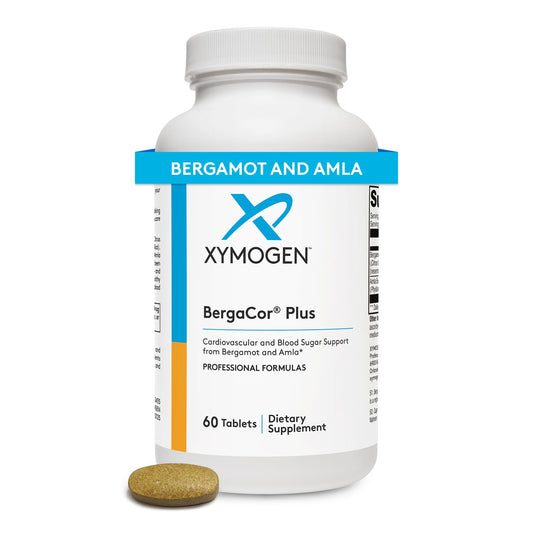 XYMOGEN BergaCor Plus, botella y tapa, para apoyo cardiovascular diario.