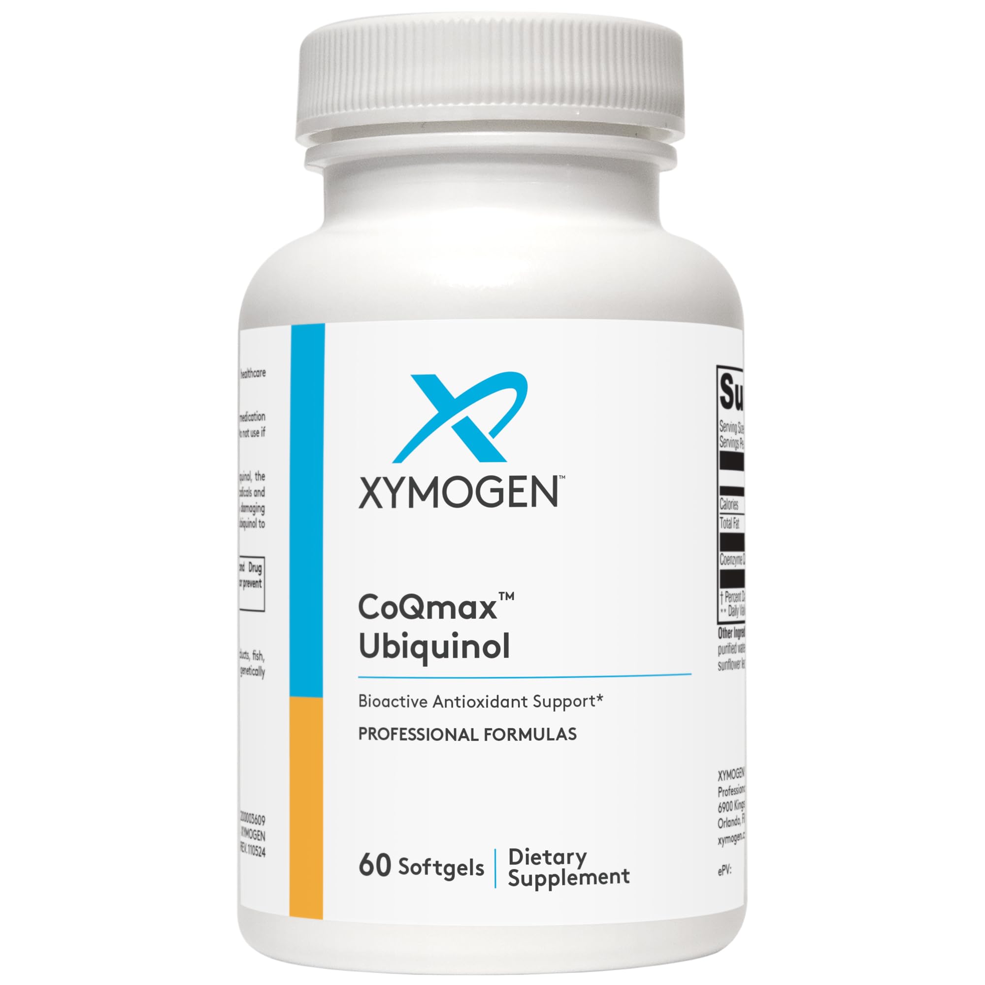 CoQmax de XYMOGEN en botella con cápsulas, ideal para apoyo antioxidante diario.