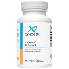 CoQmax de XYMOGEN en botella con cápsulas, ideal para apoyo antioxidante diario.