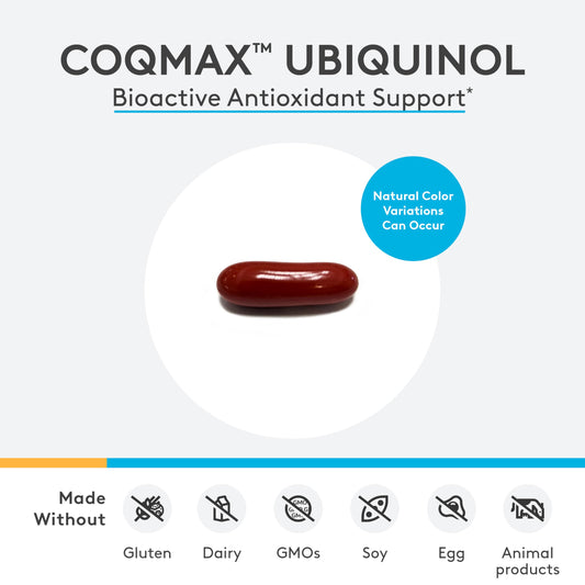 Cápsulas de CoQmax 200 mg, forma ubiquinol bioactiva para energía sostenida.