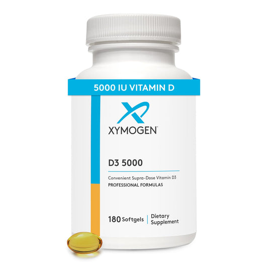 XYMOGEN D3 5000: botella de cápsulas suave para apoyar la salud ósea e inmune.