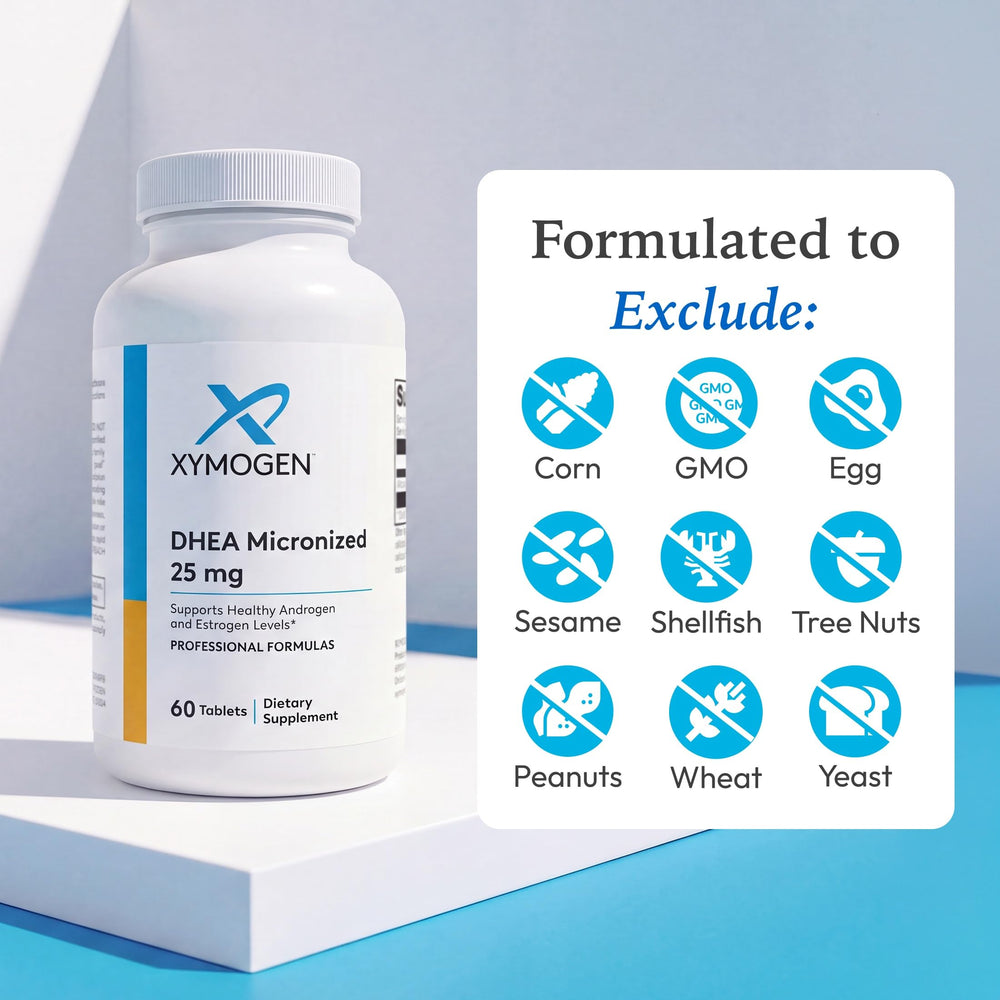 XYMOGEN tarro de DHEA integrado en un botiquín doméstico, organización cotidiana
