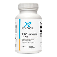 XYMOGEN envase frontal de DHEA 25 mg mostrando dosis y 60 tabletas, claridad de información