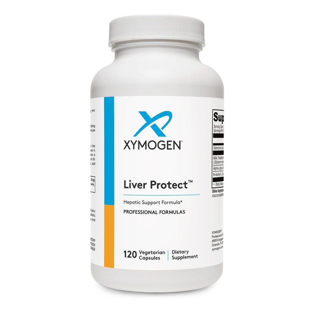 XYMOGEN frasco frontal de Liver Protect mostrando diseño y cantidad de cápsulas, aporta claridad sobre el producto
