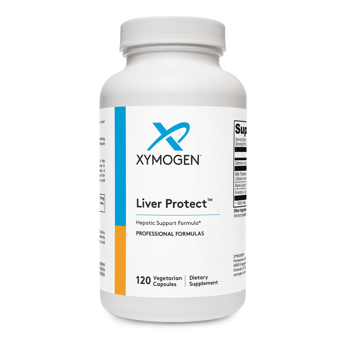 XYMOGEN frasco frontal de Liver Protect mostrando diseño y cantidad de cápsulas, aporta claridad sobre el producto