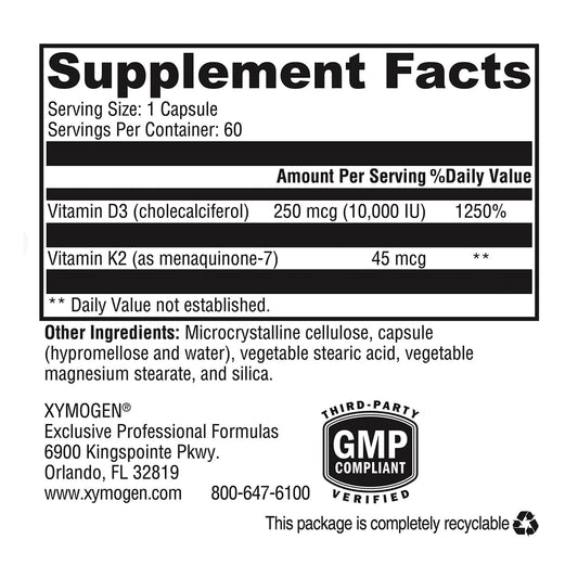 XYMOGEN K2-D3 10000: etiqueta frontal con información de dosis.