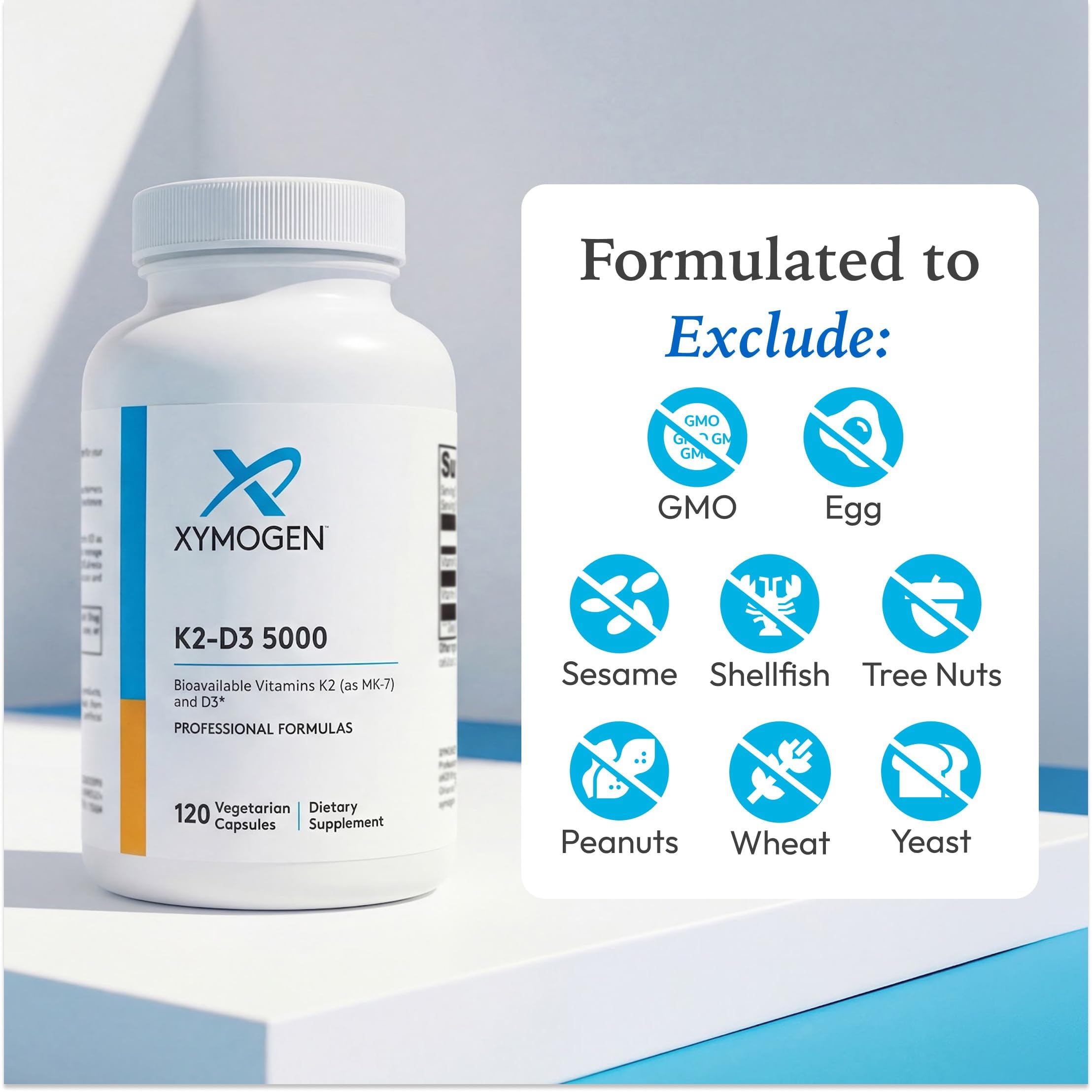 XYMOGEN frasco sobre mesa con aceite, sugiere mejor absorción con grasas