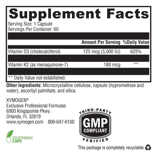Xymogen K2-D3 5000 label close-up communicates ingredients and potency for bone support