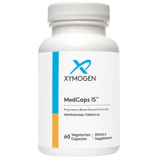 Xymogen MedCaps: botella de cápsulas para apoyo metabólico y bienestar diario.