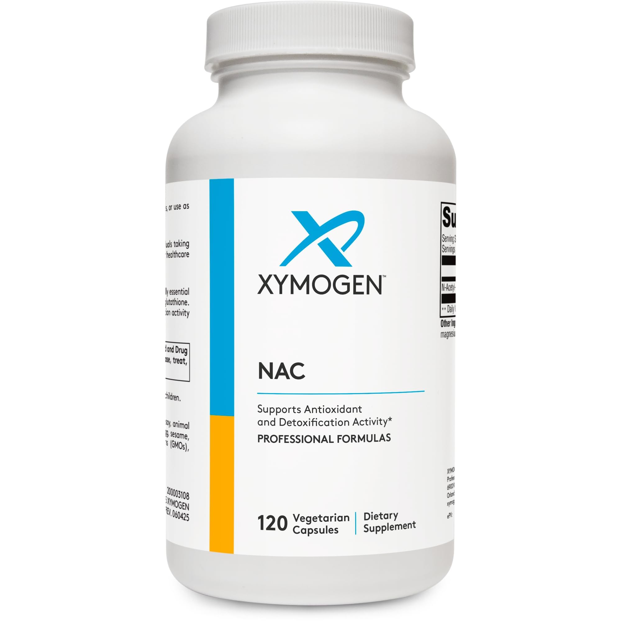 Xymogen N-acetilcisteína 600 mg botella para consumo diario con apoyo antioxidante.