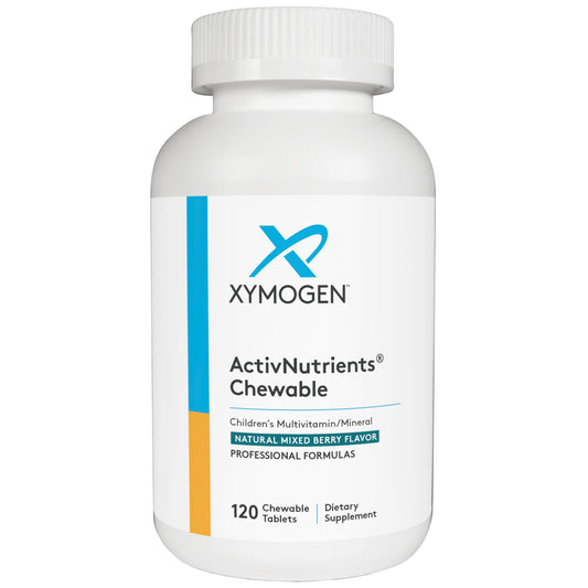 XYMOGEN ActivNutrients para niños, botella frambuesa, apoyo nutricional diario.