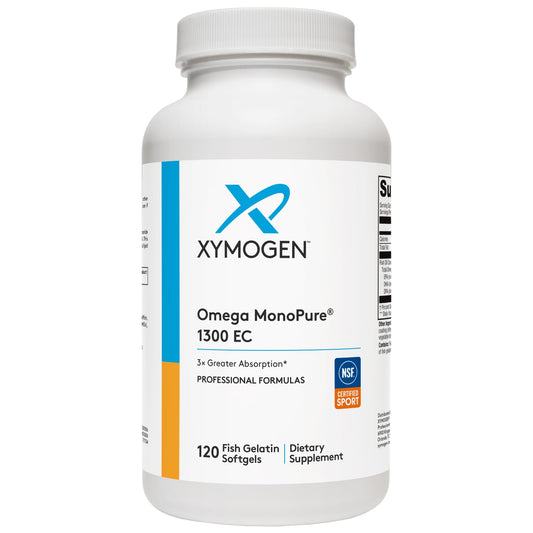 XYMOGEN Omega MonoPure 1300 EC bottle, high-absorption omega-3 capsules for daily heart and brain support.