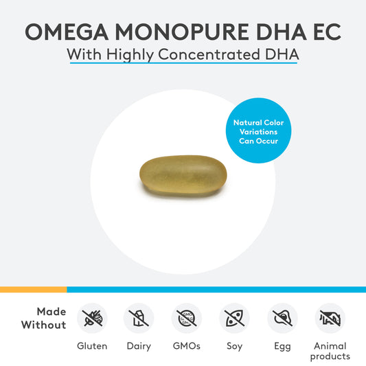 Etiqueta de XYMOGEN Omega MonoPure DHA EC destacando concentración DHA y EPA