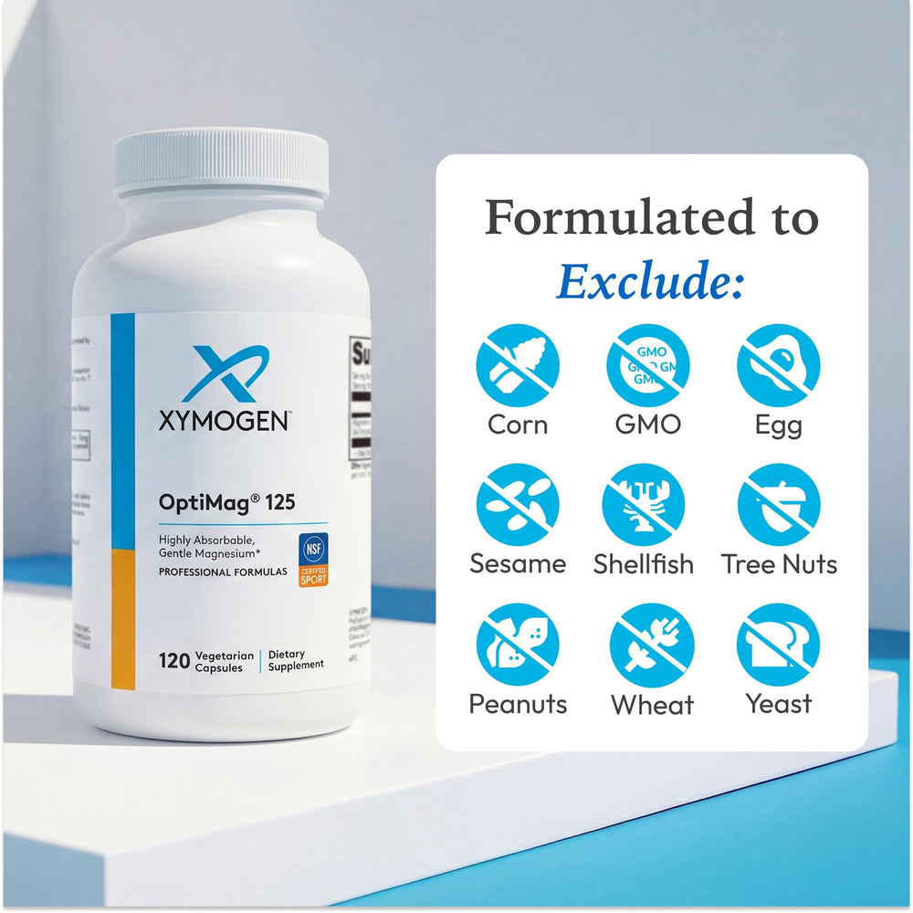 XYMOGEN OptiMag 125 botella abierta con cápsulas accesibles y seguras