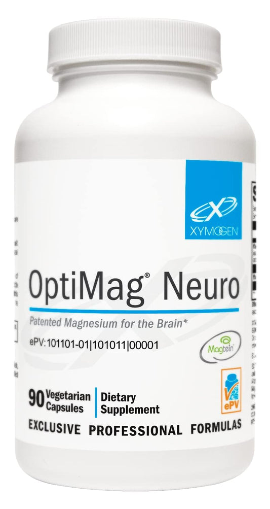 XYMOGEN OptiMag Neuro botella con cápsulas para apoyo cerebral.