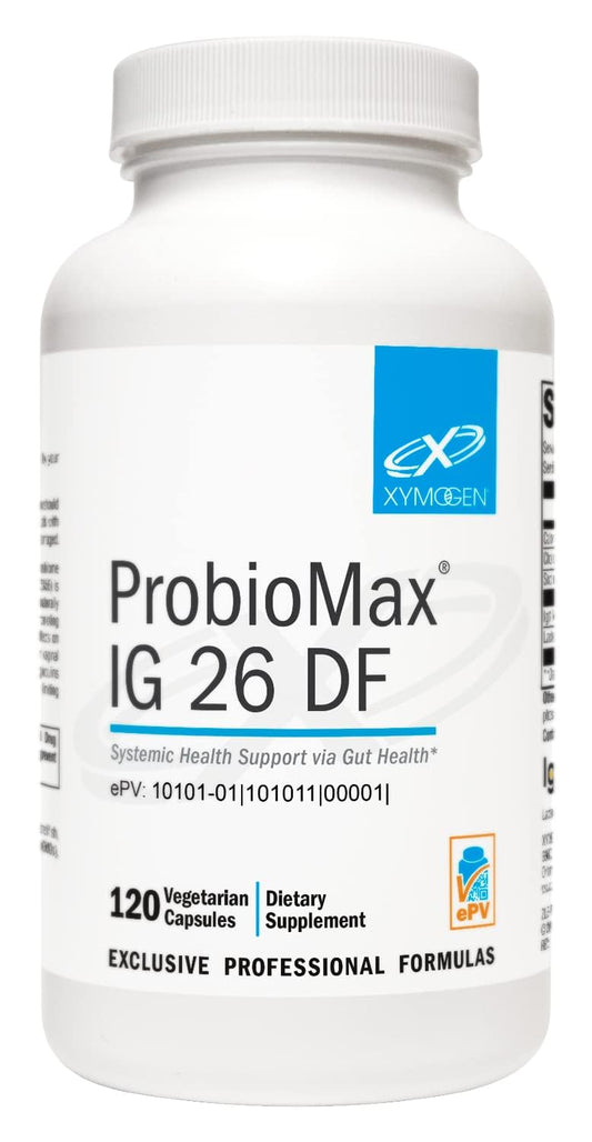 ProbioMax IG 26 de XYMOGEN, botella de cápsulas para apoyar la salud intestinal.