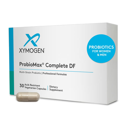 XYMOGEN ProbioMax Daily 100B – cápsula de 100 mil millones CFU para salud intestinal.