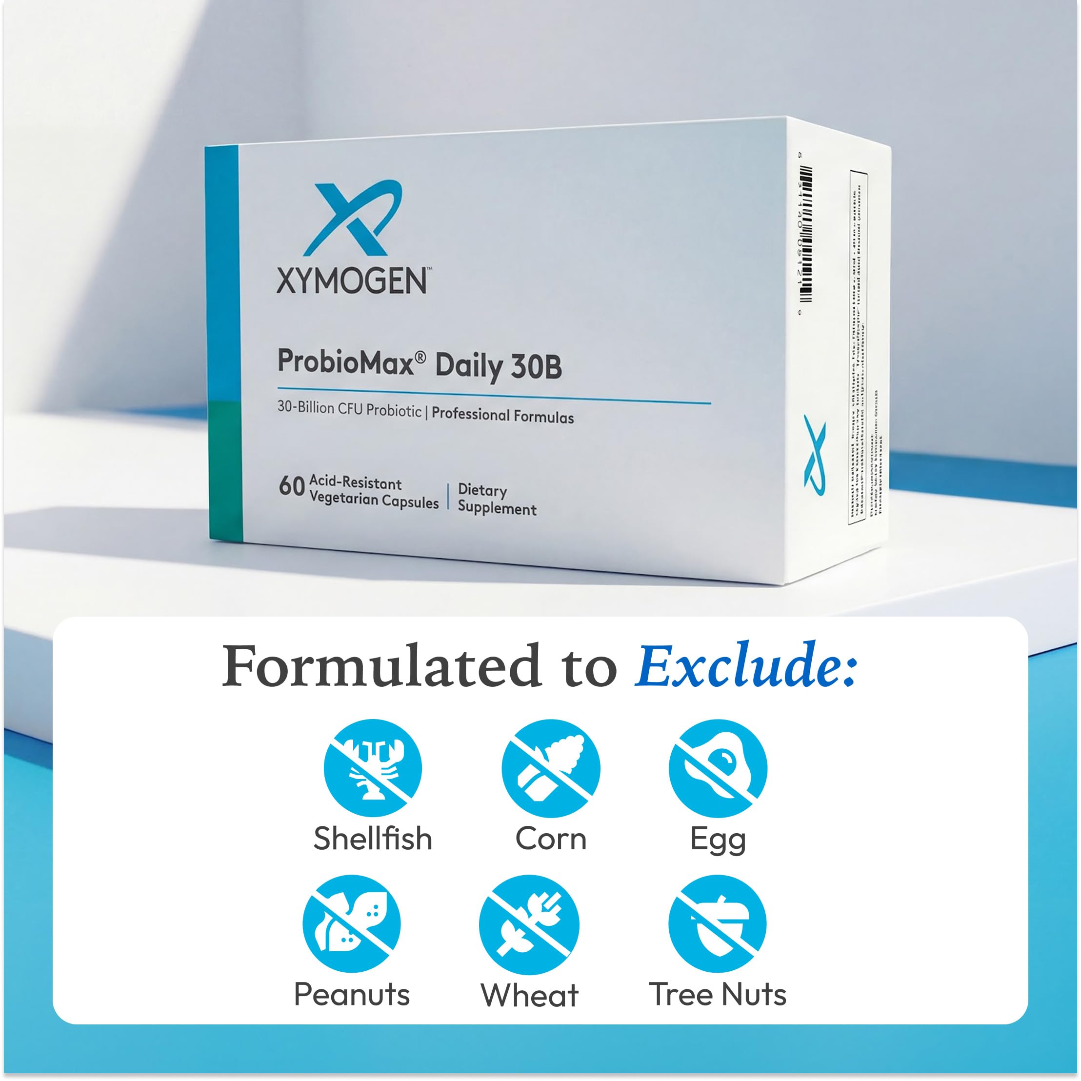 XYMOGEN etiqueta con lista de cepas y beneficios visibles