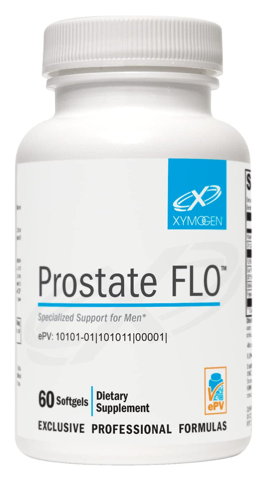 XYMOGEN Prostate FLO, vista de la botella, apoyo potencial a la salud prostática y urinaria.