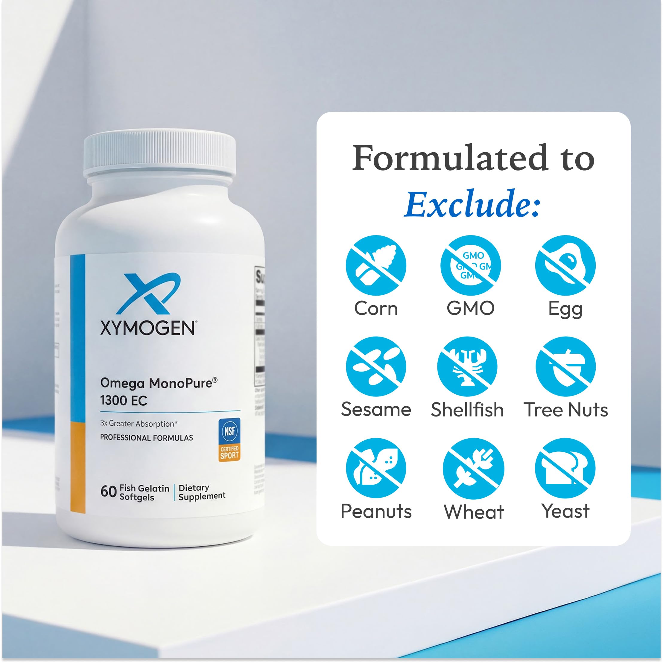 XYMOGEN softgels sobre fondo blanco para presentación limpia