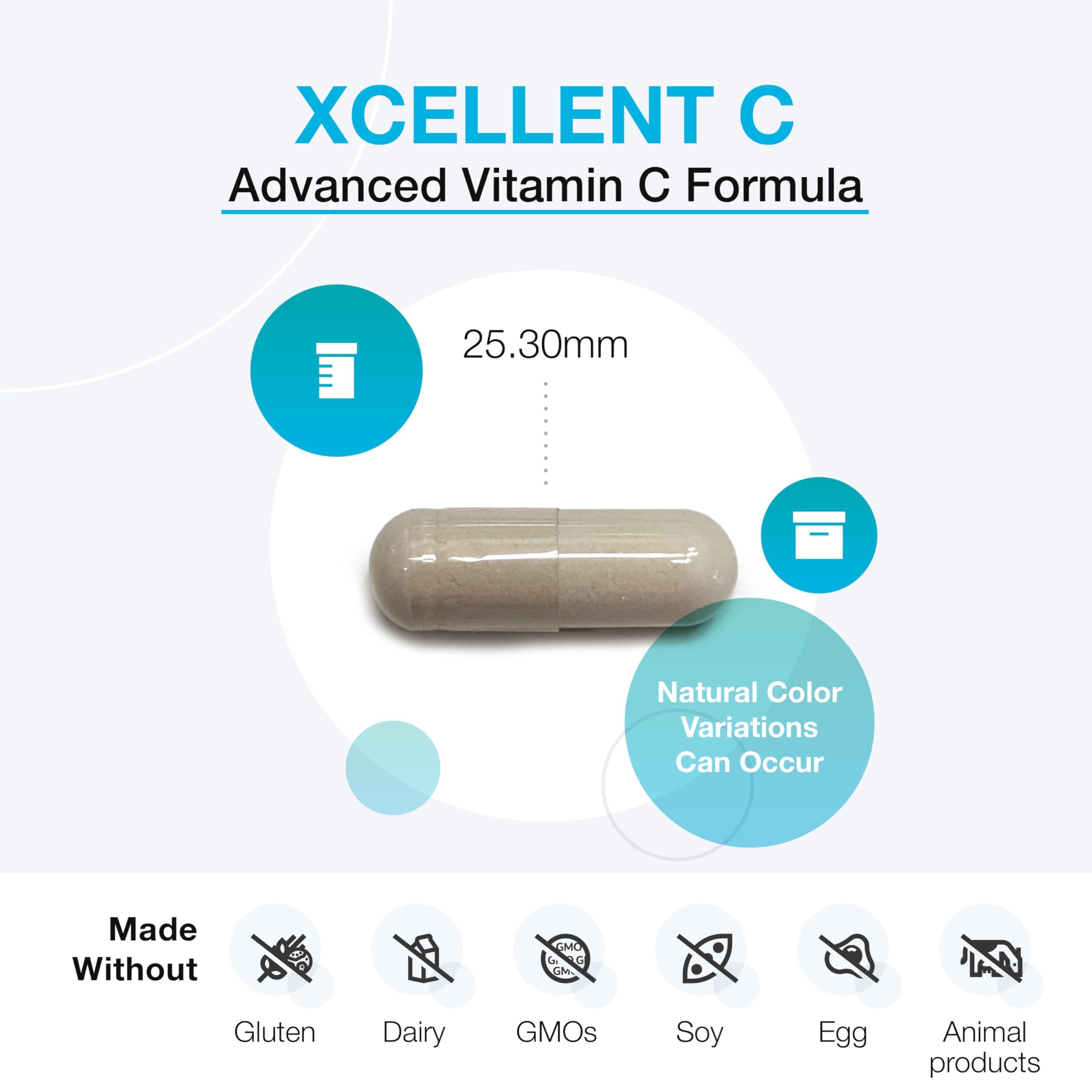 Cápsulas XYMOGEN Xcellent C en primer plano mostrando tamaño y forma, fácil de tragar