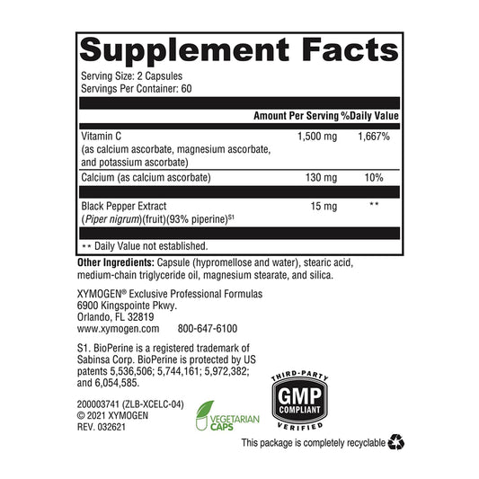 Detalle de la etiqueta XYMOGEN con lista de ingredientes y beneficios, transparente para confianza del consumidor