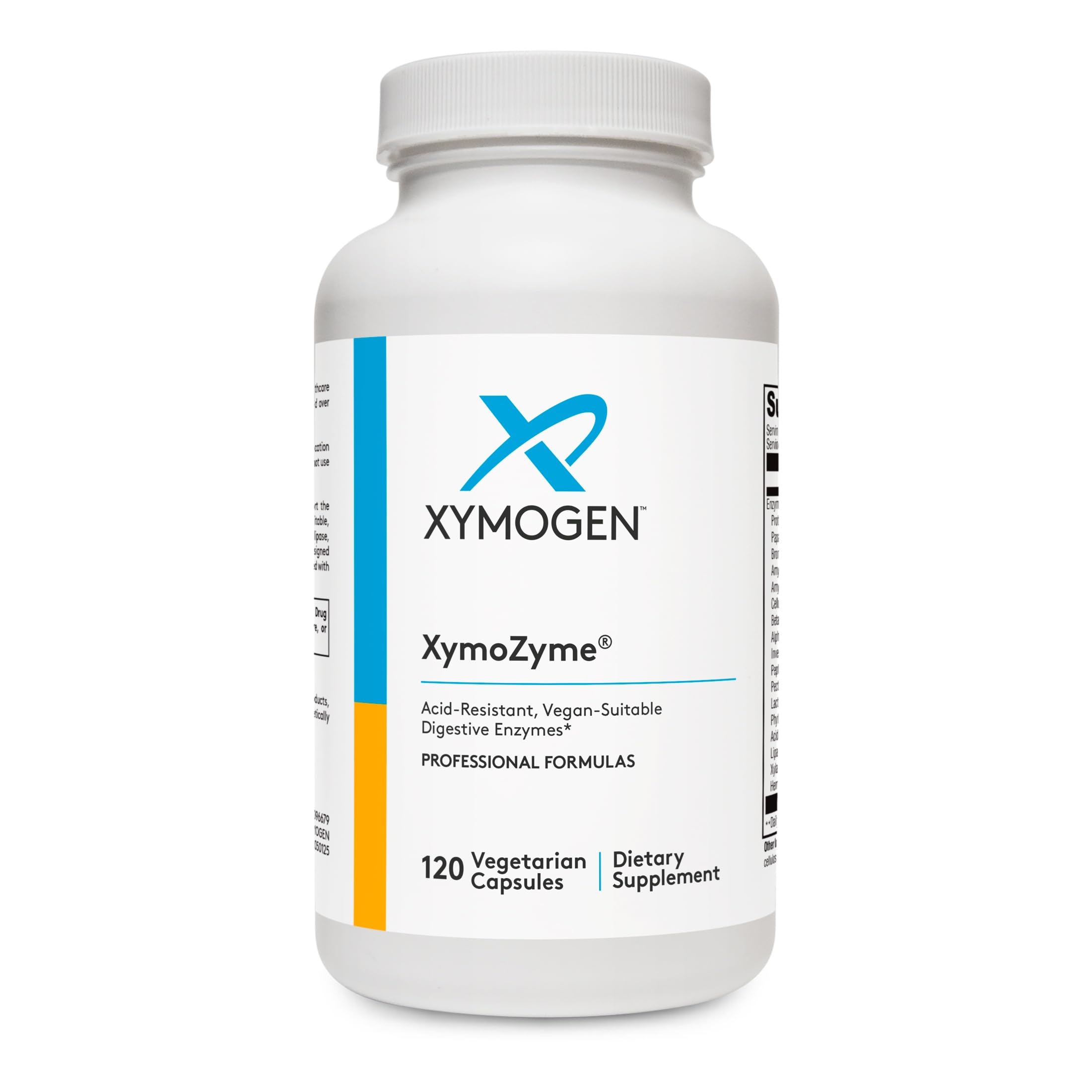 XYMOGEN XymoZyme frasco frontal, soporte digestivo vegano visible
