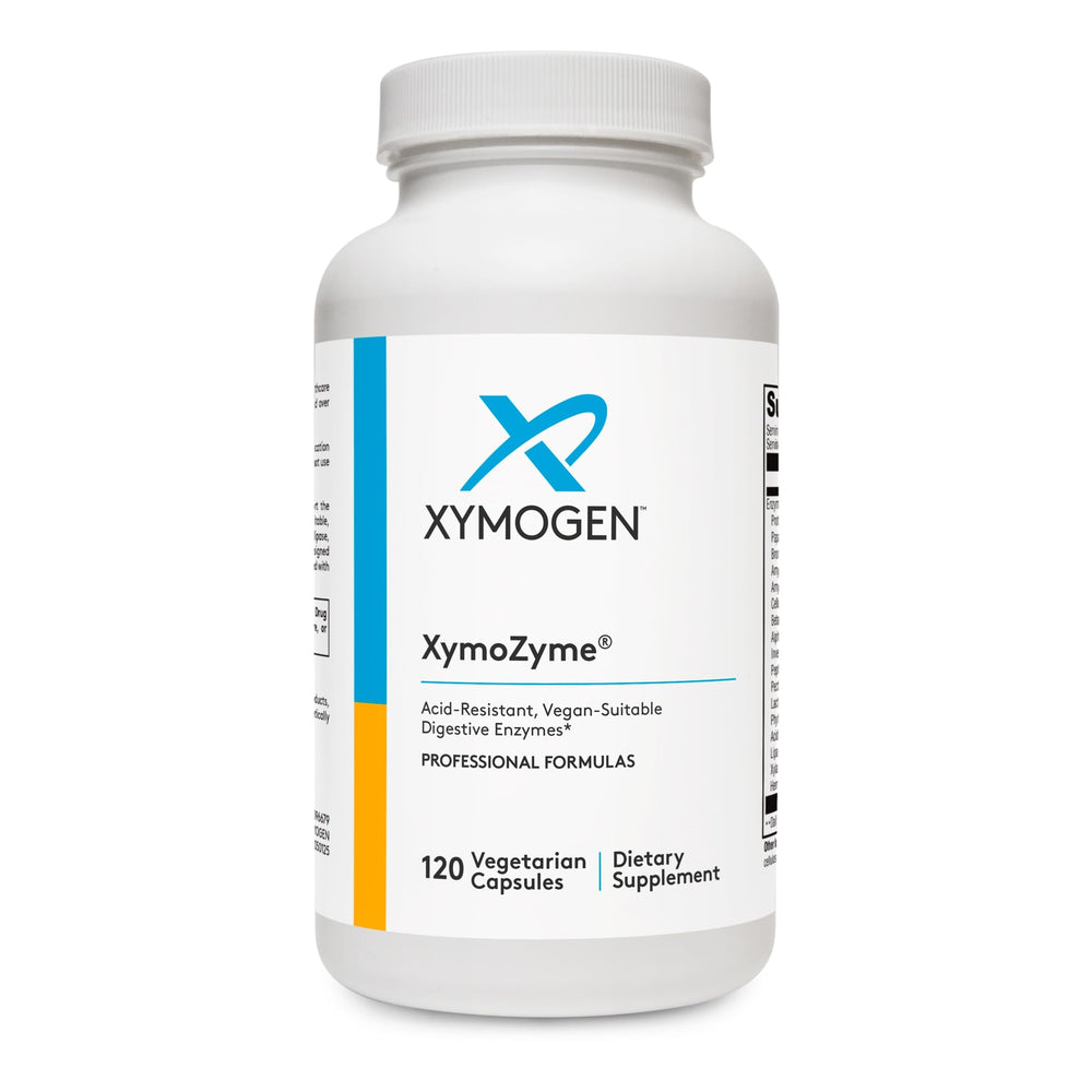 XYMOGEN XymoZyme frasco frontal, soporte digestivo vegano visible