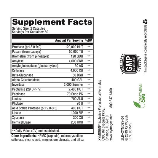 Etiqueta de XymoZyme con lista de enzimas y beneficios.