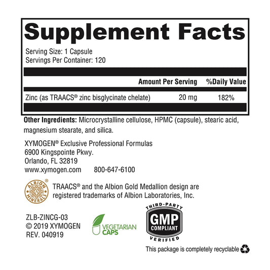 Xymogen zinc quelado bisglicinato, frasco visible para uso diario y apoyo potencial.