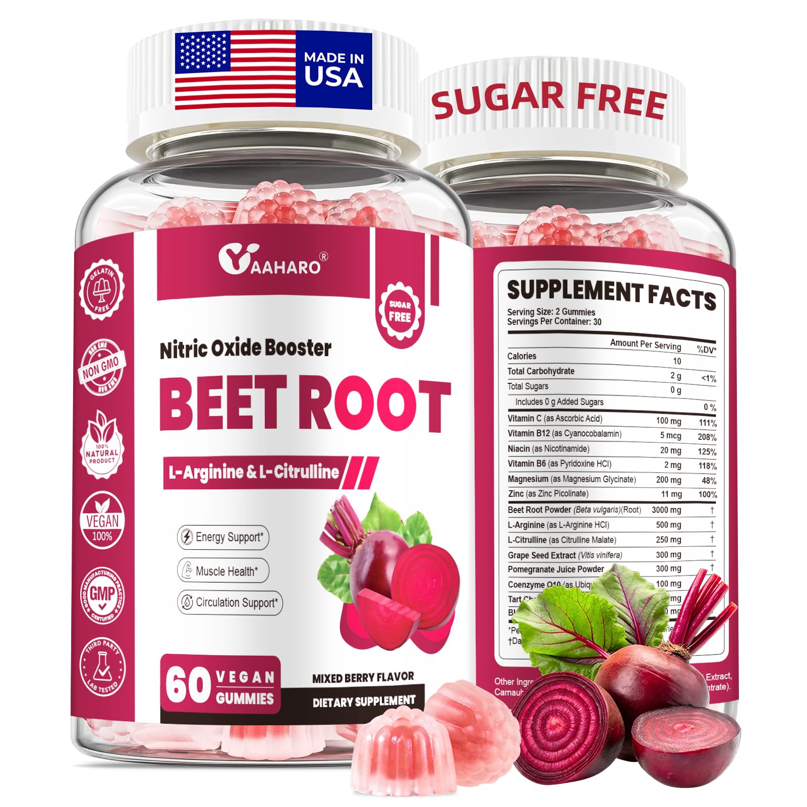 YAAHARO envase frontal de Beet Root Gummies mostrando presentación y sabor, fácil identificación