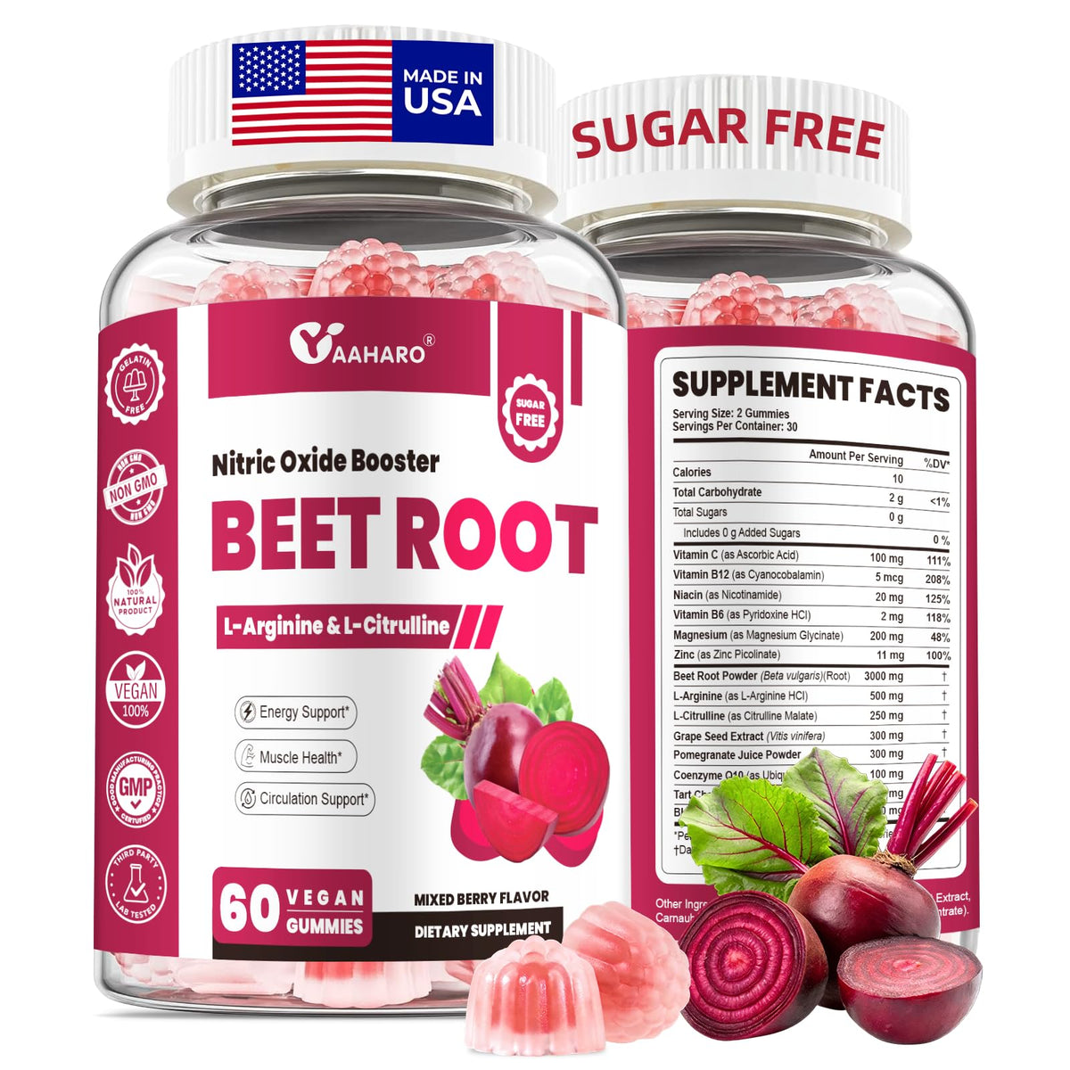 YAAHARO envase frontal de Beet Root Gummies mostrando presentación y sabor, fácil identificación