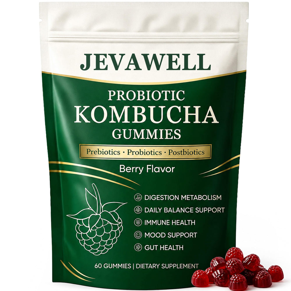 YANJIAYI paquete frontal de Jevawell Kombucha Gummies mostrando diseño atractivo y beneficio práctico