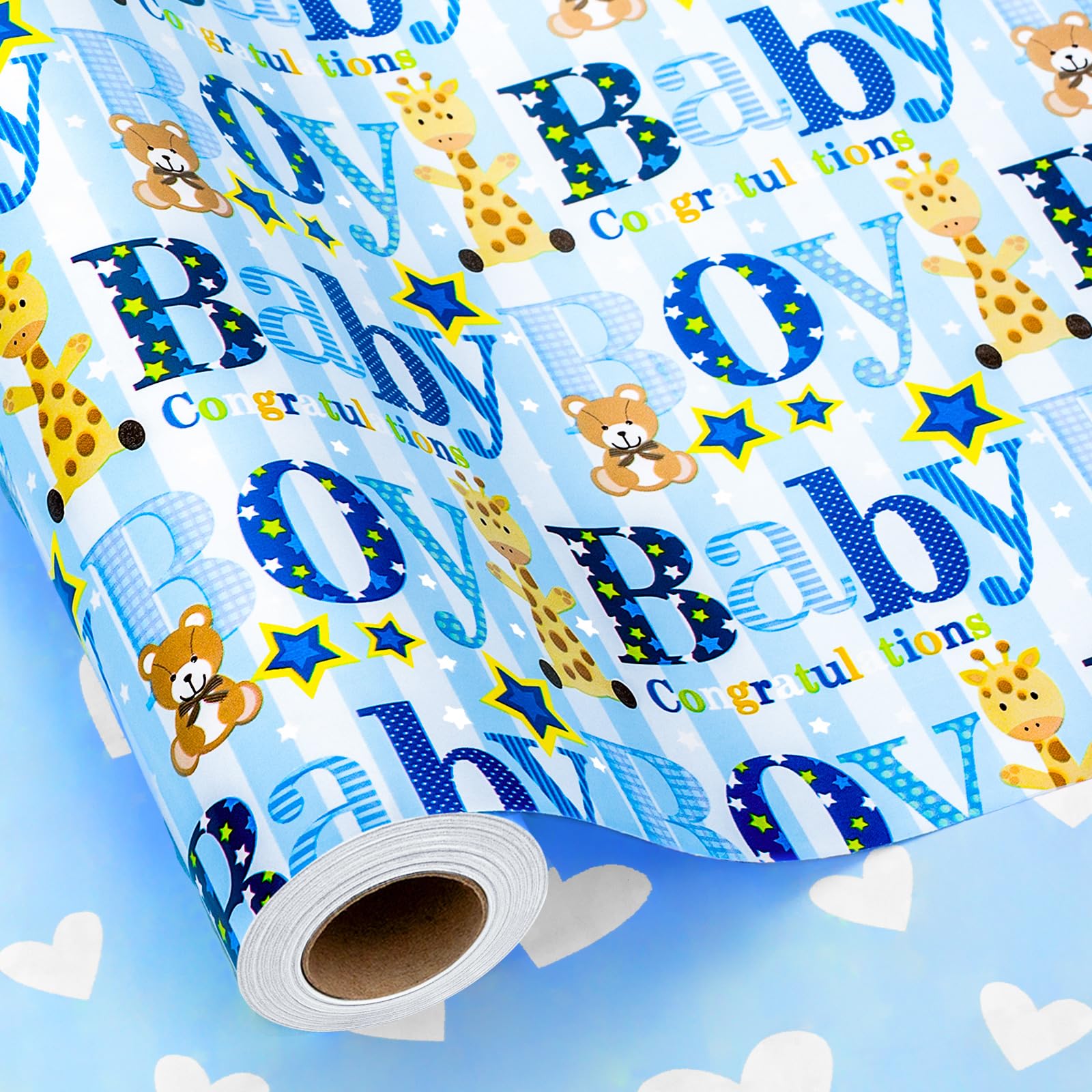 Yarcony papel de regalo frontal mostrando diseño azul y letras Baby Boy, atrae miradas