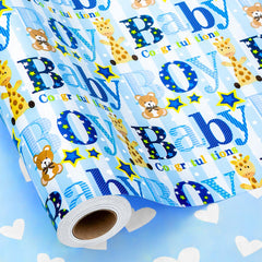 Yarcony papel de regalo frontal mostrando diseño azul y letras Baby Boy, atrae miradas