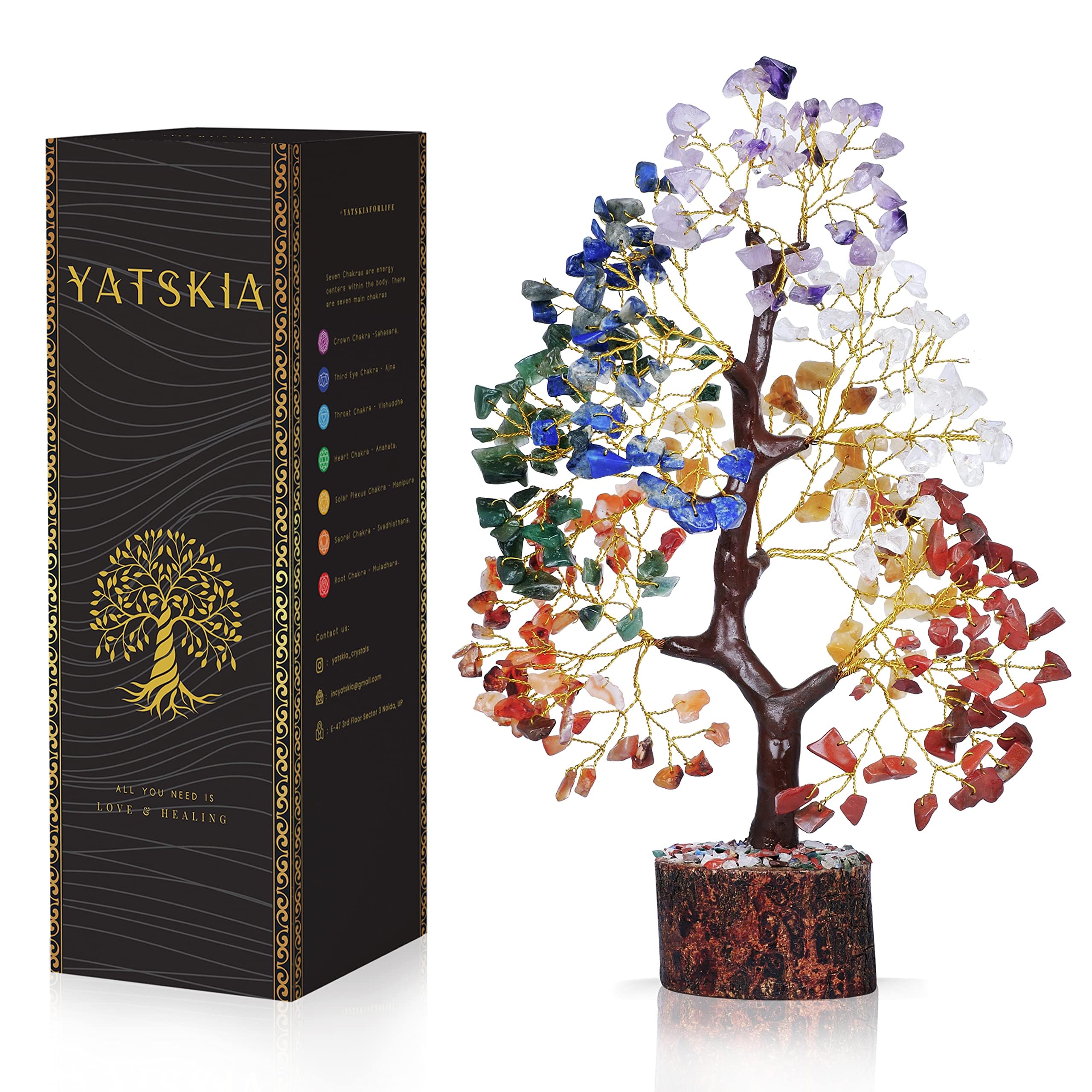 YATSKIA árbol 7 chakras vista frontal mostrando balance y color de gemas