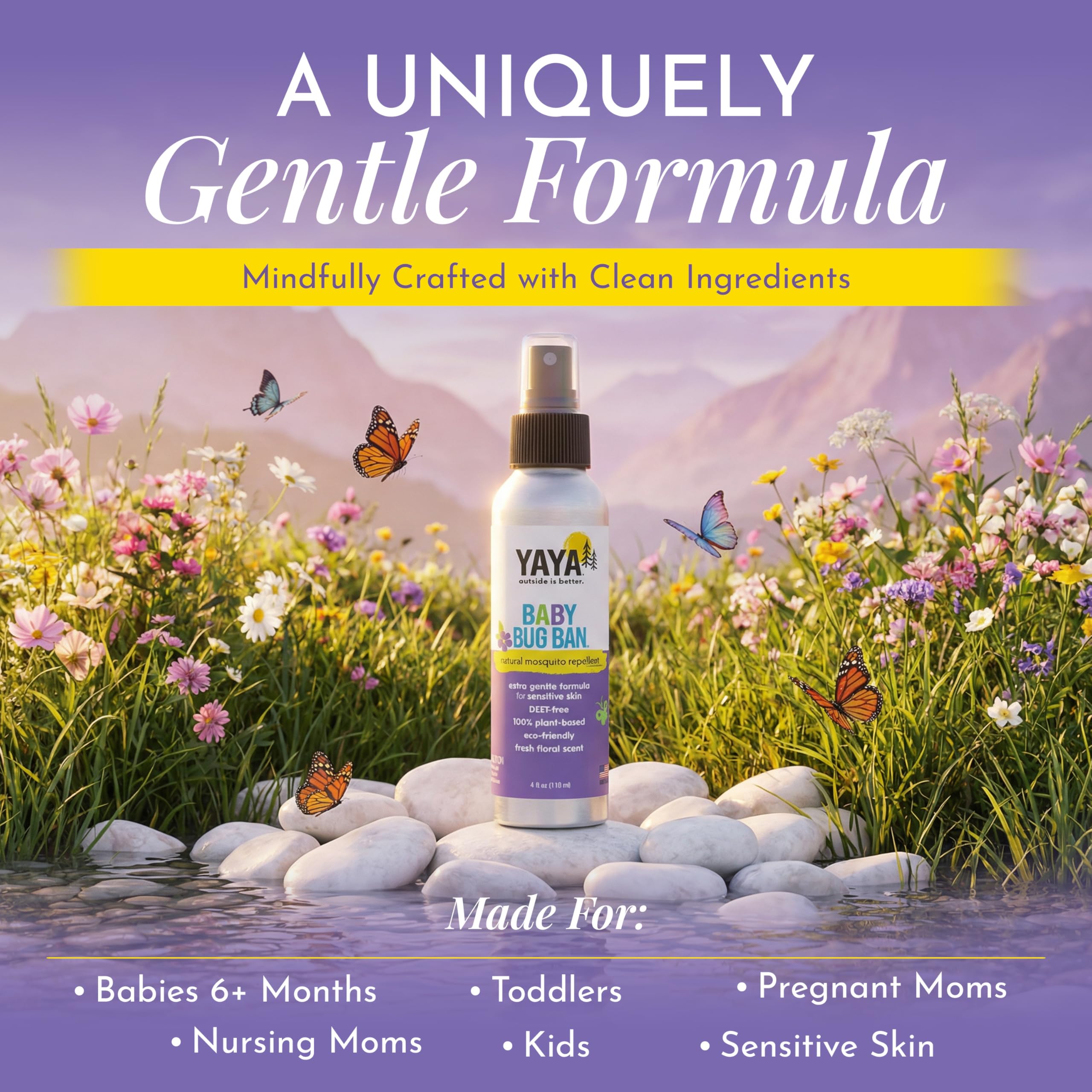 YAYA ORGANICS madre aplicando spray en brazo del bebé para protección suave