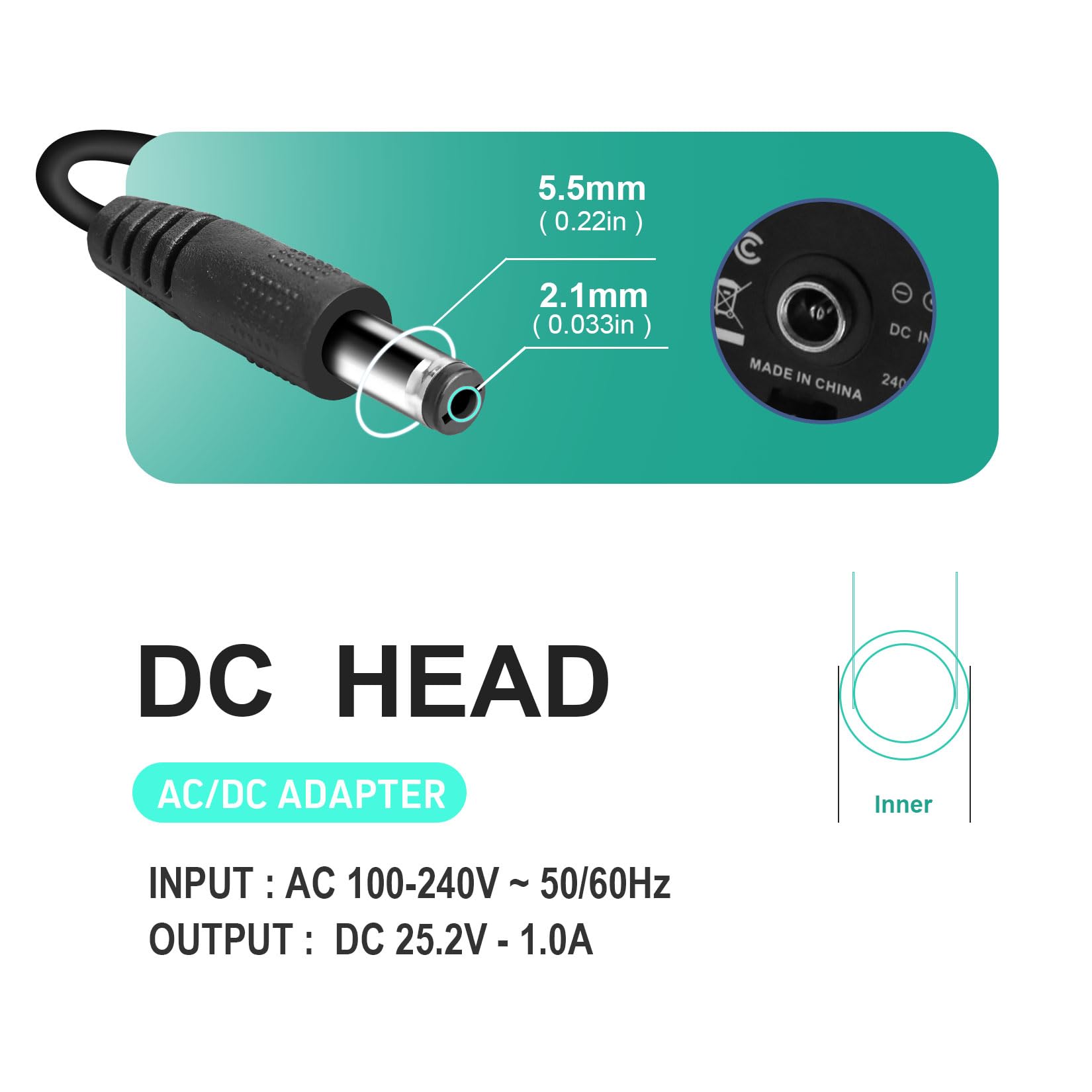 YDRANT detalle del conector 5.5x2.1 mm con ajuste seguro