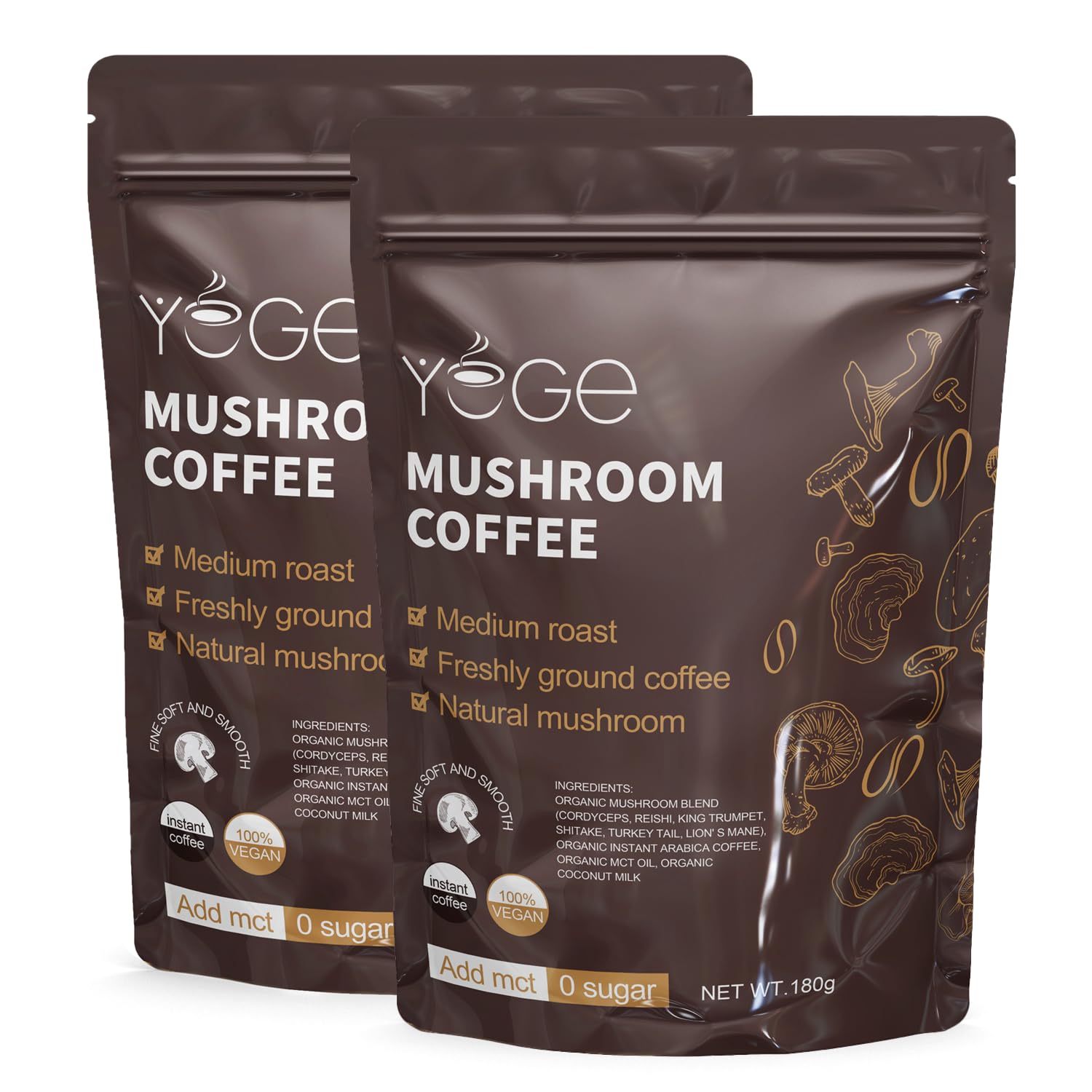 YEGE empaque frontal del café de hongos mostrando beneficios claros