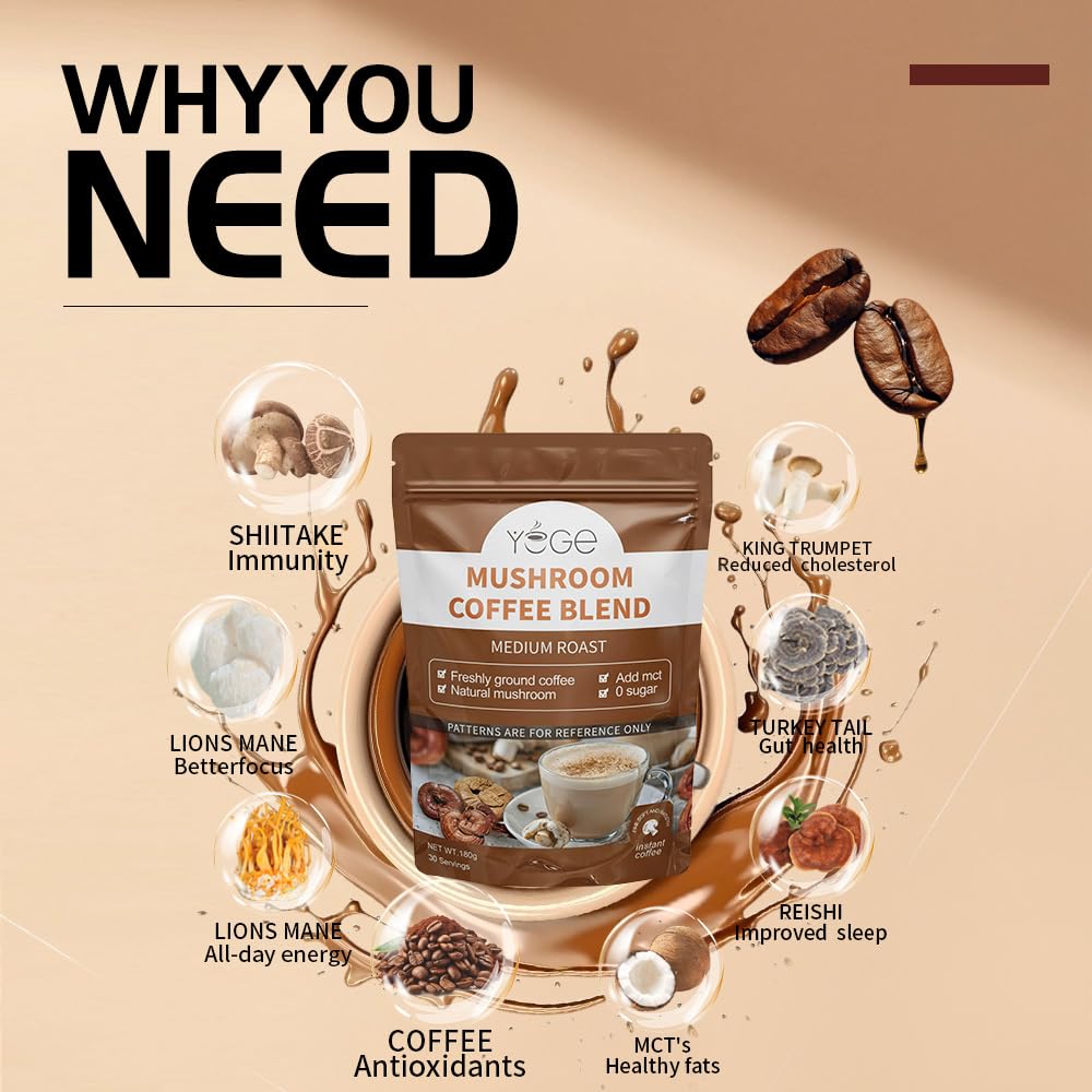 YEGE taza con mushroom coffee servido para energía sostenida