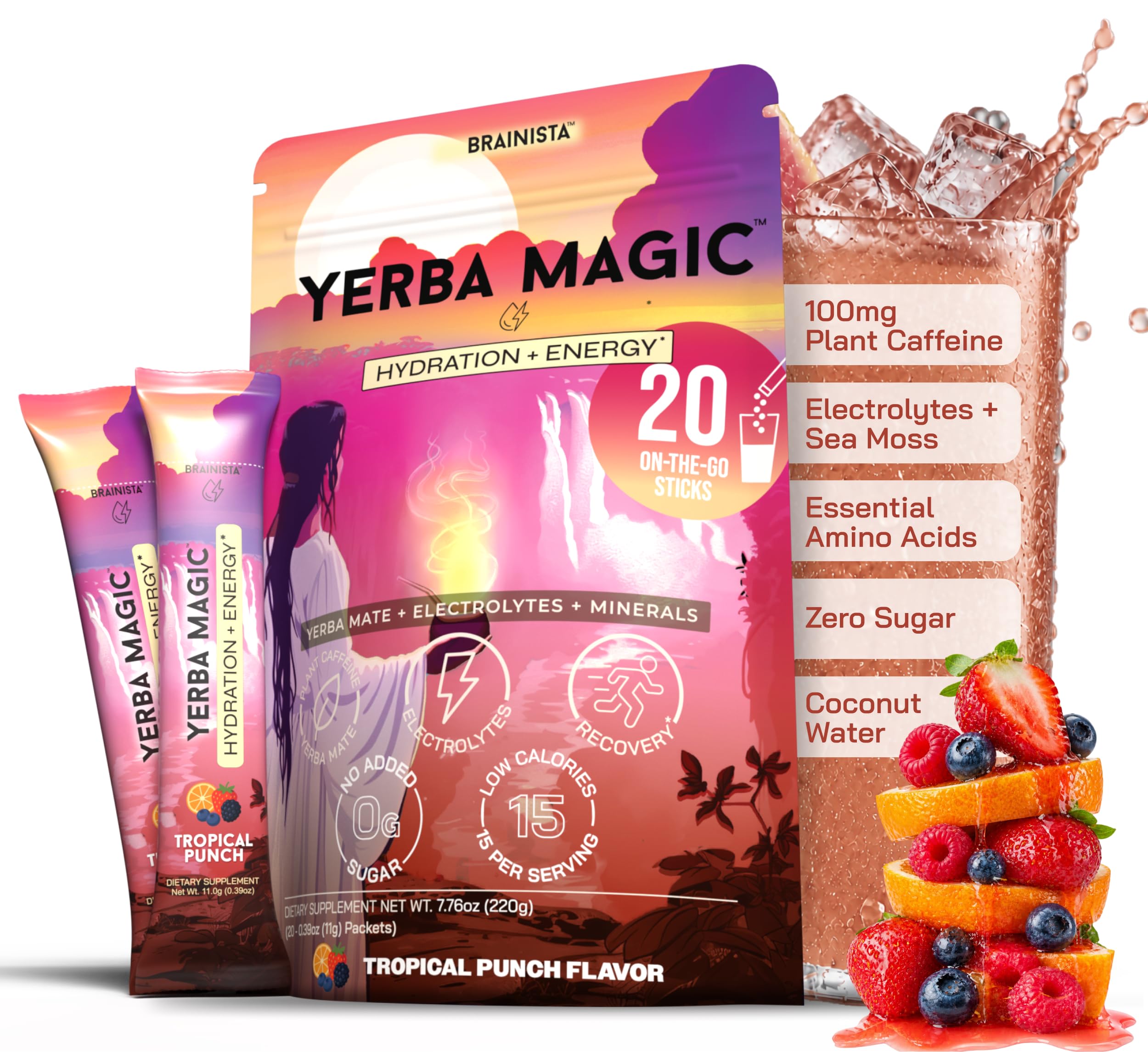 Yerba Magic empaque frontal con sobres, muestra conveniencia y energía