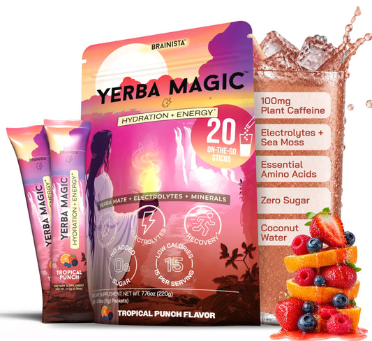 Yerba Magic empaque frontal con sobres, muestra conveniencia y energía