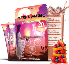 Yerba Magic empaque frontal con sobres, muestra conveniencia y energía
