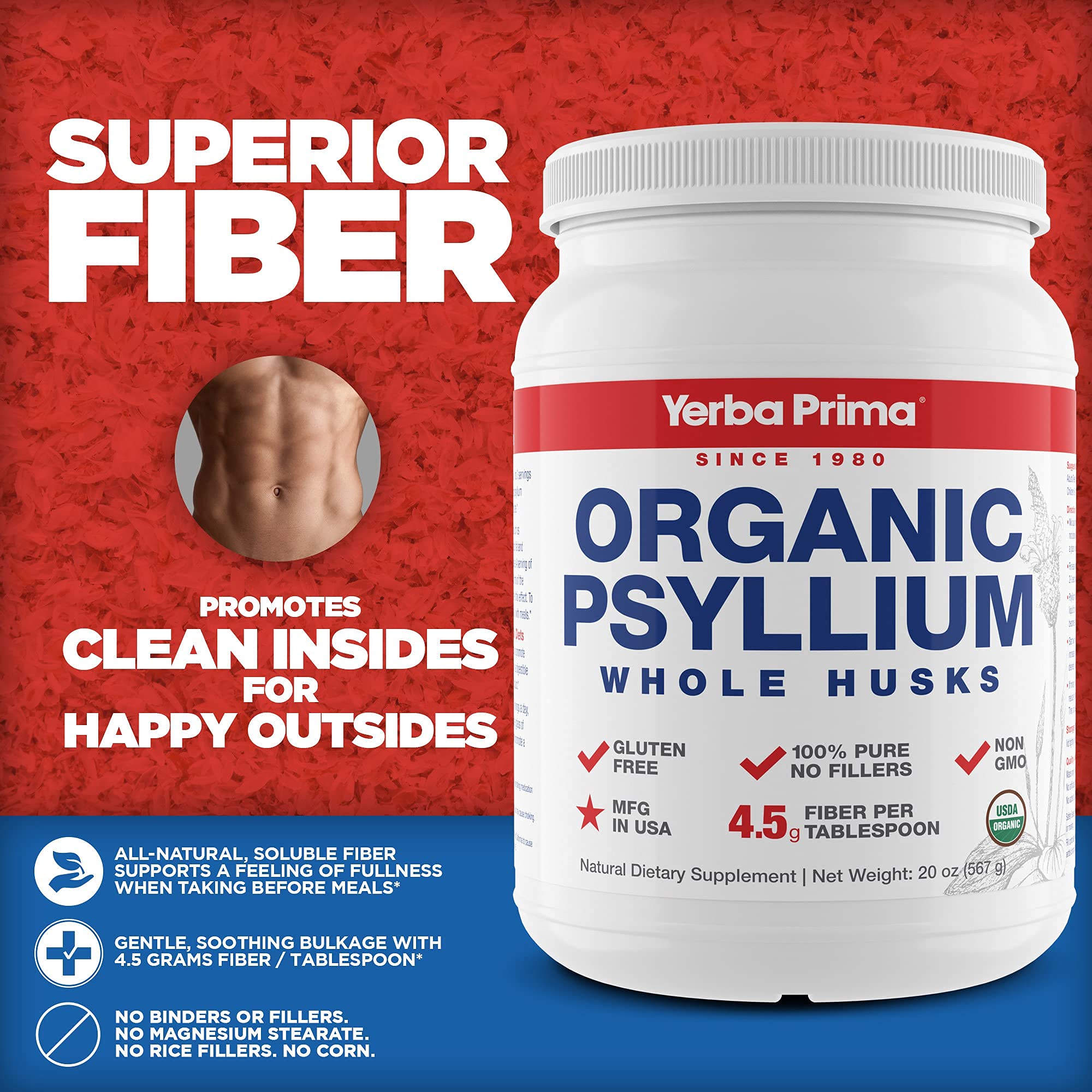 Comparación de tamaño del envase Yerba Prima 20 oz para ver la cantidad útil